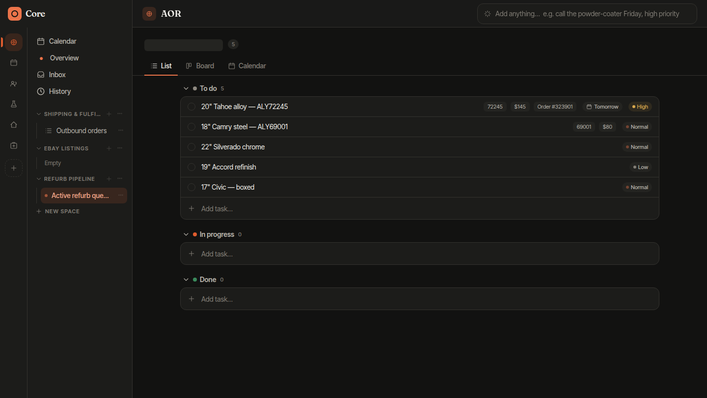 A list inside a workspace: tasks carrying their own fields, priorities and due dates, with the hierarchy on the left. Shown with sample data.