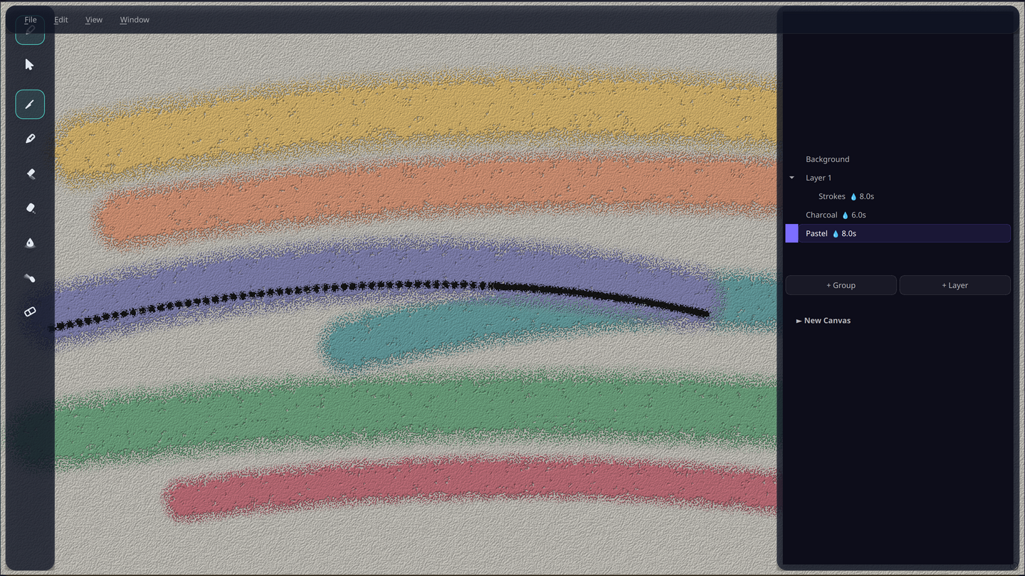 The canvas with the tool panels docked around it, in the focus layout.