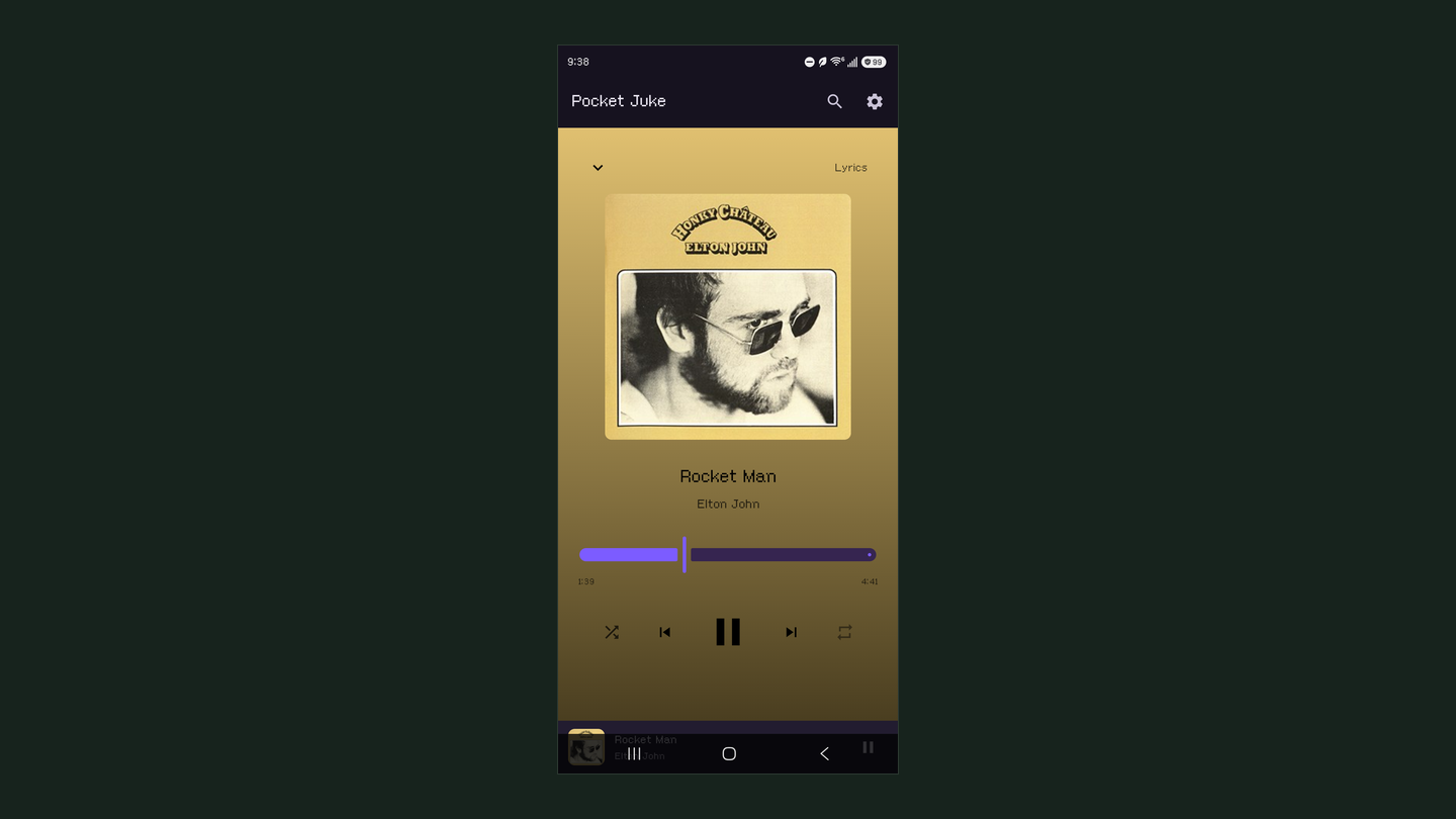 The Now Playing screen: the colour of the page is drawn from the album's own artwork.