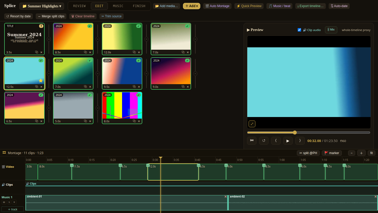 The editing timeline: clips, photos, and music on one track you can scrub, with the preview above it.